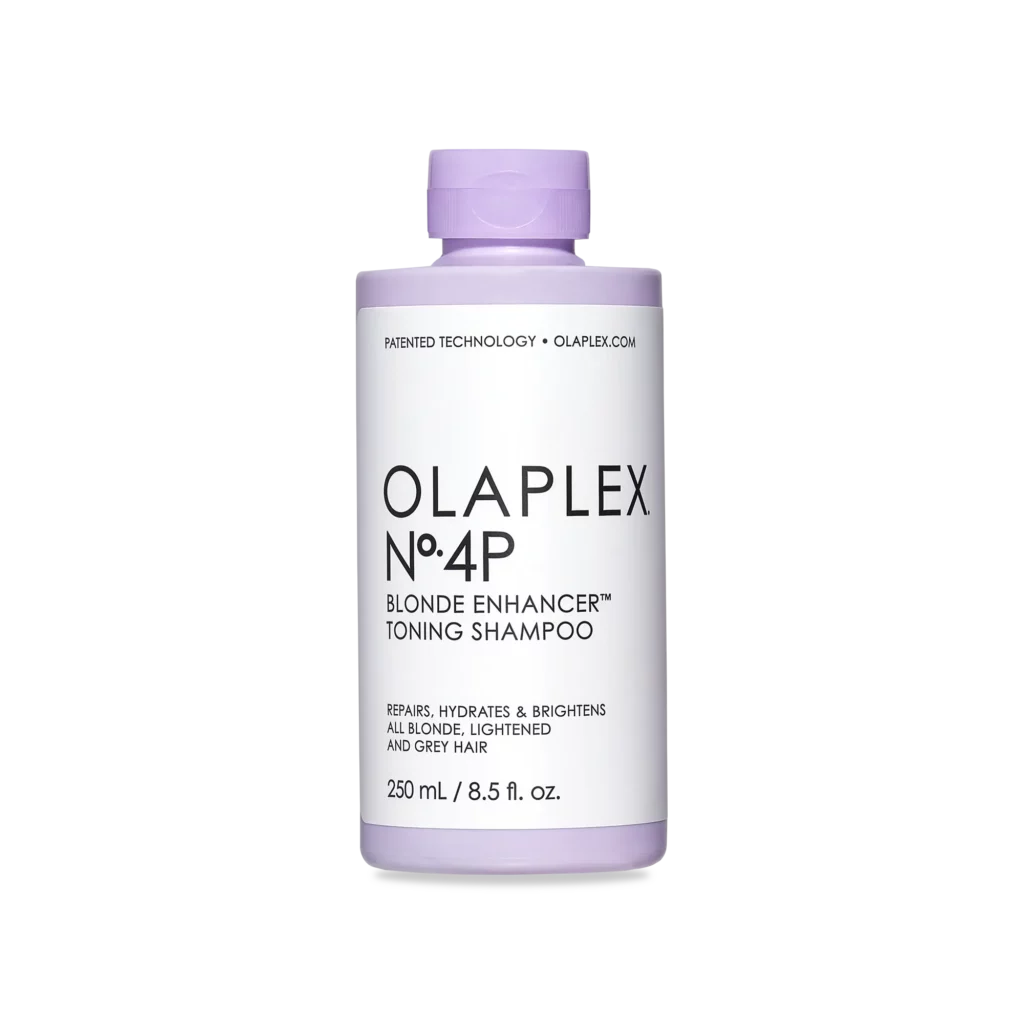 Paarse fles Olaplex No. 4P Blonde Enhancer Toning Shampoo van 250 ml, gefotografeerd van de voorkant.