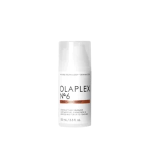 Witte fles Olaplex No.6 Bond Smoother leave-in styling treatment van 100 ml tegen een zwarte achtergrond.