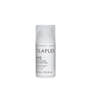 Witte flacon van de Olaplex No.8 Bond Intense Moisture Mask, gefotografeerd van de voorkant.