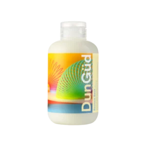 Fles DunGüd Bounce Back Curl Enhancing Cream met kleurrijk etiket en speelse slinky-illustratie.