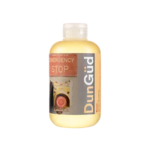Fles DunGüd Reset Detox Shampoo met industrieel noodstopmotief op het etiket.