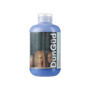 Paarse fles Dungüd Bimbo Blonde Treatment shampoo met een etiket waarop poppenhoofden met blond haar staan afgebeeld.