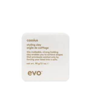 Vierkante verpakking van Evo Cassius Styling Clay van 90 gram met goudkleurige tekst op een witte achtergrond.