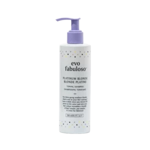 Fles evo fabuloso Platinum Blonde toning shampoo van 250 ml met paarse pompdop.