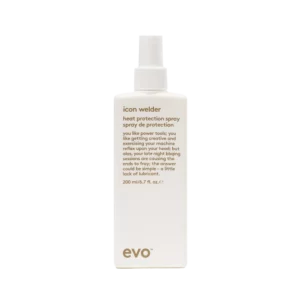 Witte fles Evo Icon Welder heat protection spray van 200 ml met opdruk in bruine tekst.