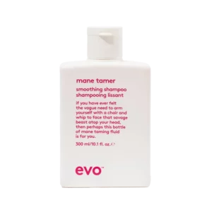 Witte fles Evo Mane Tamer smoothing shampoo van 300 ml met roze tekst op de voorkant.
