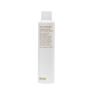 Witte spuitbus van 300 ml Evo Miss Malleable Flexible Hairspray met minimalistisch ontwerp en goudkleurige tekst.
