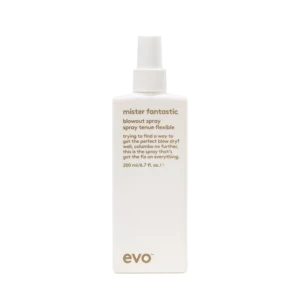 Fles Evo Mister Fantastic blowout spray van 200 ml met witte verpakking en goudkleurige tekst.