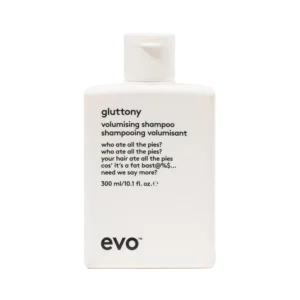 Witte fles Evo Gluttony Volumising Shampoo van 300 ml met zwarte tekst en humoristische beschrijving op het etiket.