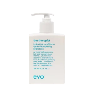 Witte fles Evo The Therapist Hydrating Conditioner van 300 ml met pomp en blauwe tekst op de voorkant.