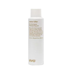 Witte fles Evo Water Killer droogshampoo van 200 ml met minimalistisch ontwerp en goudkleurige tekst.