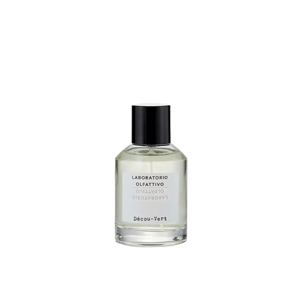 Glazen flacon van het parfum Déco-Vert van Laboratorio Olfattivo met zwarte dop en minimalistisch etiket.