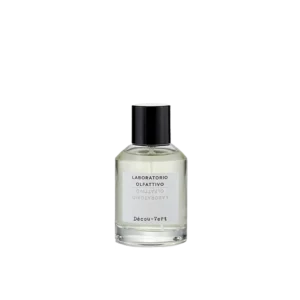 Glazen flacon van het parfum Déco-Vert van Laboratorio Olfattivo met zwarte dop en minimalistisch etiket.