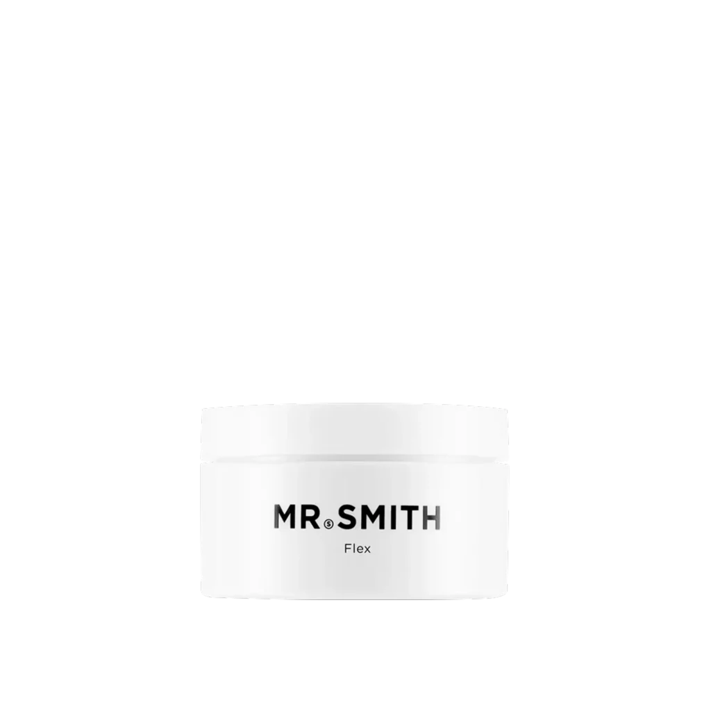Witte ronde pot met zwarte tekst "MR. SMITH Flex" op de voorzijde, tegen een zwarte achtergrond.