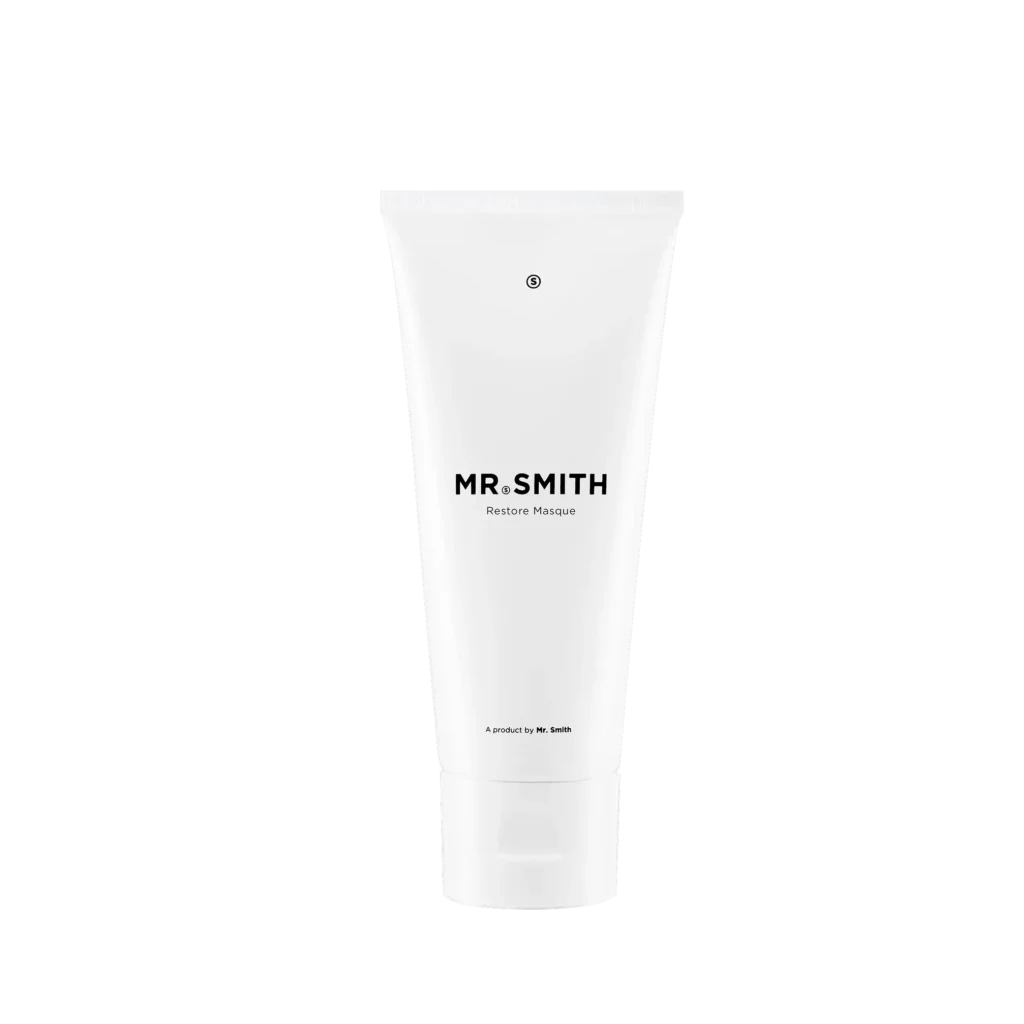 Witte tube Mr. Smith Restore Masque haarmasker met minimalistisch ontwerp.