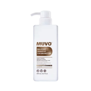 Witte flacon Muvo Balayage Shampoo for Brunettes van 500 ml met pompdispenser.