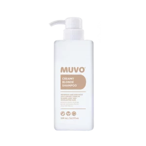 Witte fles MUVO Creamy Blonde Shampoo van 500 ml met pompdop en beige label.