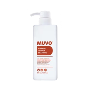 Witte fles Muvo Flaming Copper Shampoo van 500 ml met pompdispenser en rode opdruk.
