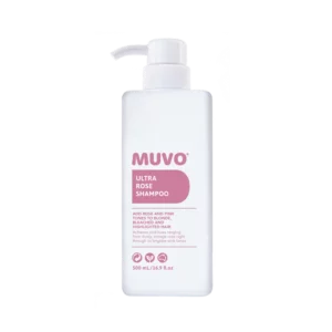 Witte fles Muvo Ultra Rose Shampoo van 500 ml met roze etikettering en pompje.