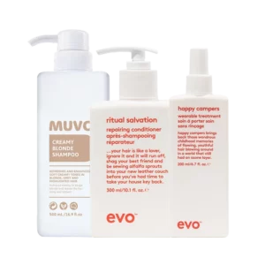 Drie haarverzorgingsproducten uit het "The Ultimate Beige Blonde Pack" met shampoo van Muvo en conditioner en treatment van Evo.