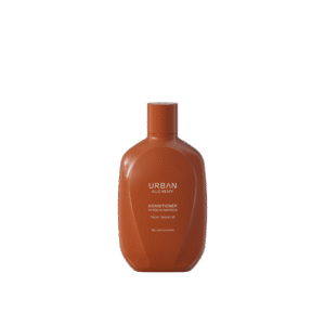 Bruine fles Urban Alchemy Conditioner Repair Replenish met Bio-Lab-Complex op zwarte achtergrond.